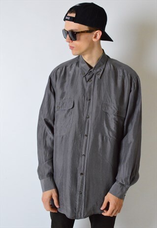 VINTAGE 90S GRAPHITE GREY MINIMALIST LONG SLEEVE SILK SHIRT