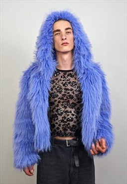 Shaggy fur coat blue hooded cropped trench festival jacket