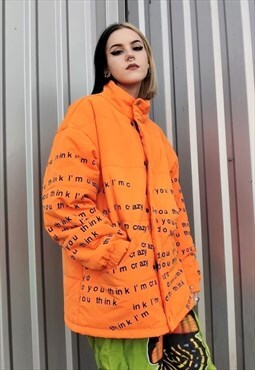 Graffiti letter bomber quilted puffer jacket in orange