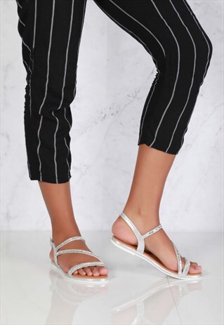 ANKLE STRAP DIA FLAT SANDAL IN SILVER