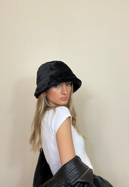 Vintage y2K Black Fluffy Faux Fur Bucket Hat