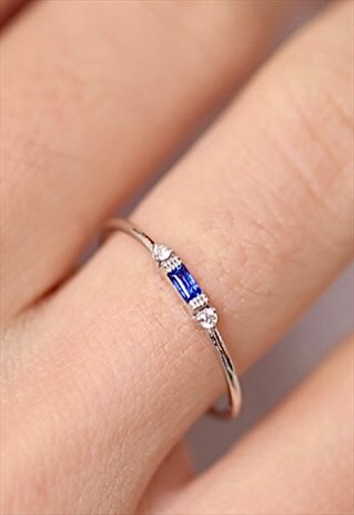 SILVER DAINTY BLUE BAGUETTE CUBIC ZIRCONIA RING