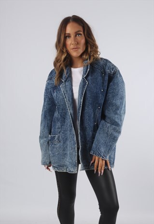 VINTAGE DENIM BLAZER JACKET OVERSIZED ACID WASH UK 14 (C93I)