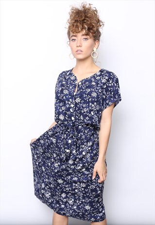 VINTAGE 90S NAVY FLORAL PRINT BUTTON MIDI DRESS