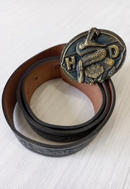 00s Leather Belt Black Biker Rattlesnake Buckle