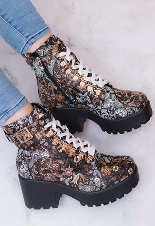 VICIOUSER LACE UP BLOCK HEEL ANKLE BOOTS- ARTY LEATHER STYLE