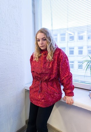 VINTAGE 80'S PINK/RED PATTERNED HOODED WINDBREAKER