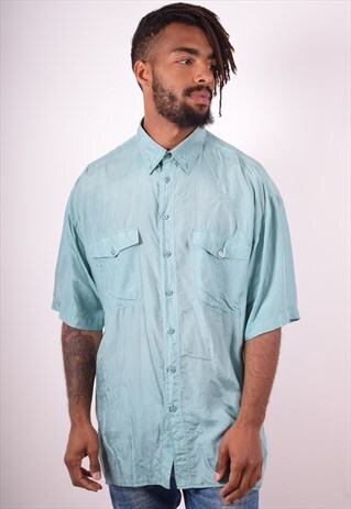 MENS VINTAGE SILK SHIRT XL TURQUOISE 90S