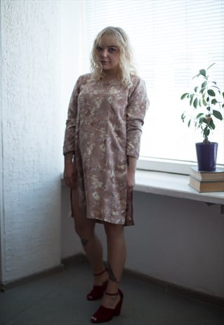 VINTAGE 90'S LIGHT BROWN PASTEL ROSE PATTERNED DRESS