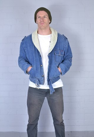 VINTAGE DARK BLUE LINED DENIM SHERPA BOMBER JACKET
