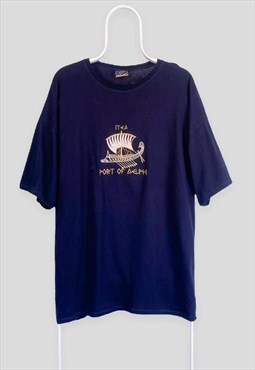 Vintage Blue Embroidered T-Shirt Greece Port Delphi Tourist