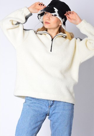VINTAGE 90S CREAM WHITE GREY ZIPPER FLEECE PETITE