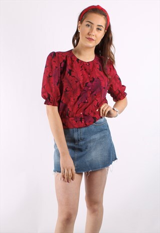 VINTAGE 80S PUFF SLEEVE BLOUSE IN PINK LEAF PRINT