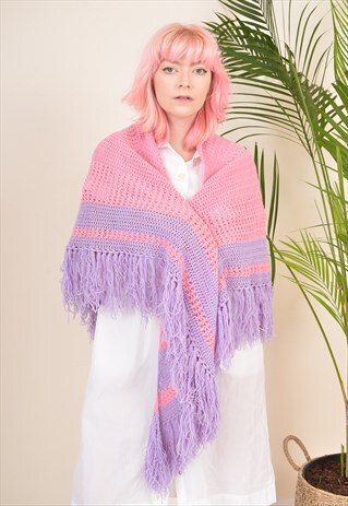 Y2K CROCHET KNIT HIPPY BOHO SUMMER PICNIC SHAWL PINK
