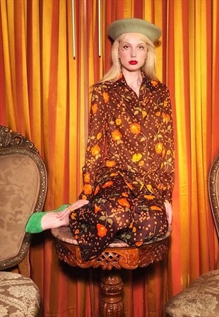 1970S BROWN FLORAL PRINT CO-ORD SET