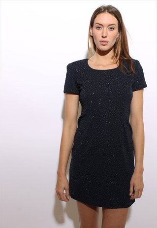 VINTAGE 1990'S 90'S NAVY BLUE GLITTER DOT SPARKLE DRESS M-L