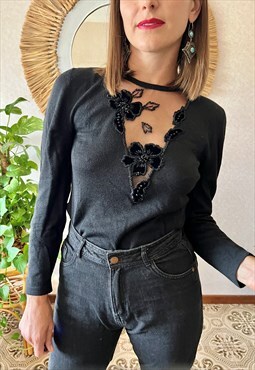 1960s vintage black knit pullover with velvet and glass bead