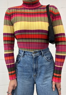 Vintage 90s Rainbow Multicolour Stripe Turtleneck Jumper