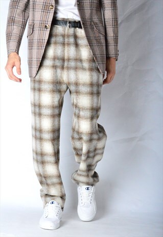 VINTAGE 80S BEIGE BROWN BLUE CHECK WOOL BLEND PANTS