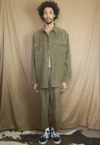 90S MINIMALIST SKATER HEAVY GREEN CORDUROY SHIRT XL