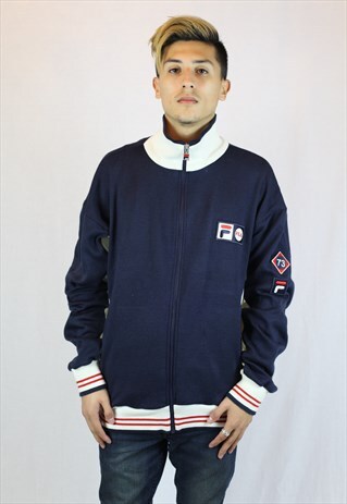 MENS VINTAGE FILA CARDIGAN JACKET LARGE BLUE WHITE LINE 90'S