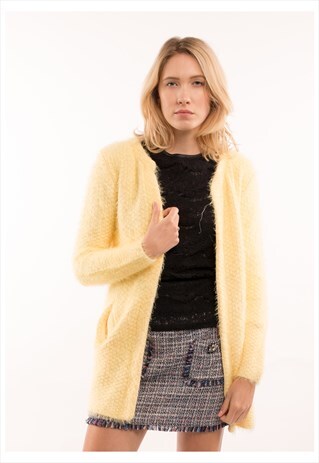 SOFT FLUFFY CARDIGAN WITH SIDE POCKETS IN YELLOW COLOR