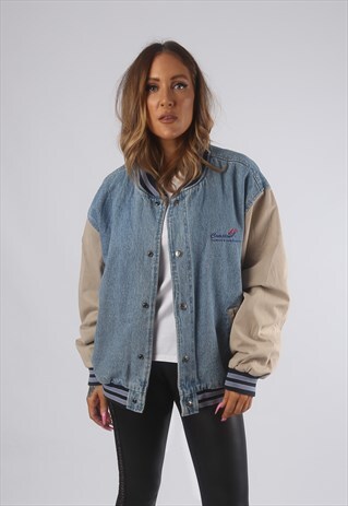 VINTAGE VARSITY DENIM BOMBER JACKET OVERSIZED UK 16 (72F)