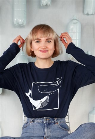 ORGANIC LONG SLEEVE T-SHIRT IN NAVY BLUE WITH WHALE PRINT