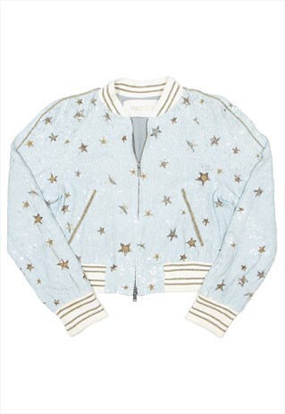 VALENTINO STAR STUDDED SEQUIN BOMBER JACKET BLUE WOMENS S