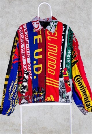 VINTAGE REWORKED FOOTBALL SCARF BOMBER JACKET CUSTOM MEDIUM