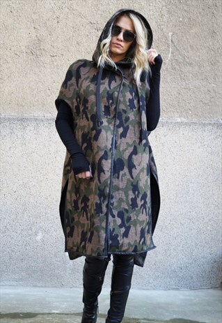 CAMOUFLAGE WOOL COAT/CASHMERE/REMOVABLE SLEEVES/F1653