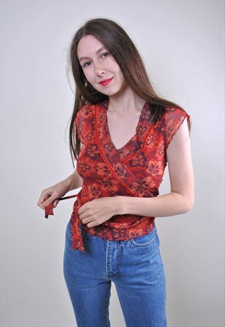 80S WOMAN VINTAGE RED CUTE FLOWERS TIE WOMAN BLOUSE