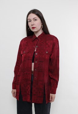 Vintage 90s abstract blouse, red button up blouse