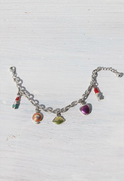 Deadstock silver enamel charms chunky chain bracelet.