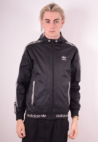 ADIDAS MENS VINTAGE RAIN JACKET SMALL BLACK 90S