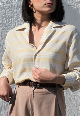 Vintage cream crochet woven mesh striped button down shirt