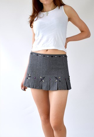 VINTAGE Y2K 00S WOOLLEN PLEATED EXTRA SHORT MINI SKIRT 8