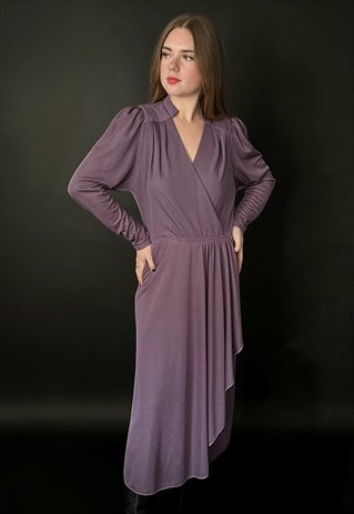 70's Vintage Erfolg Purple Long Sleeve Ruffle Midi Dress