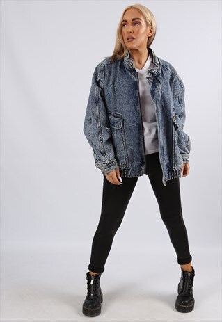VINTAGE 90'S USA ACID WASH DENIM BOMBER JACKET 18 2XL (C51J)