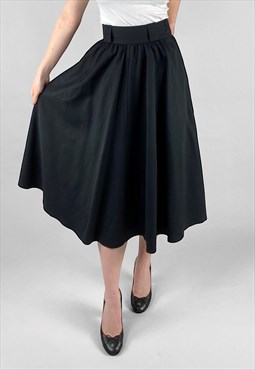 80's Vintage Black Wool Full Ladies Midi Skirt
