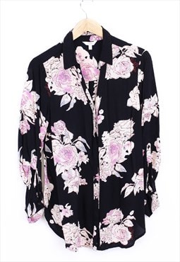 Vintage Floral Shirt Black Long Sleeve Button Up With Print 