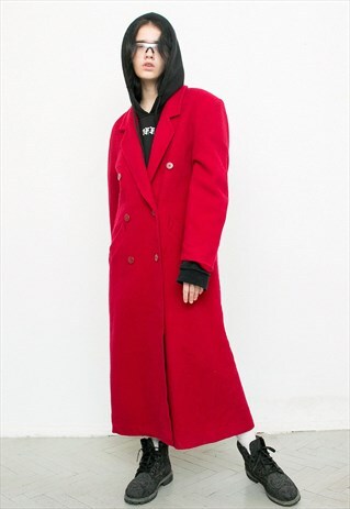 VINTAGE WOOL LONG COAT RED LONG MAXI WARM WINTER AUTUMN