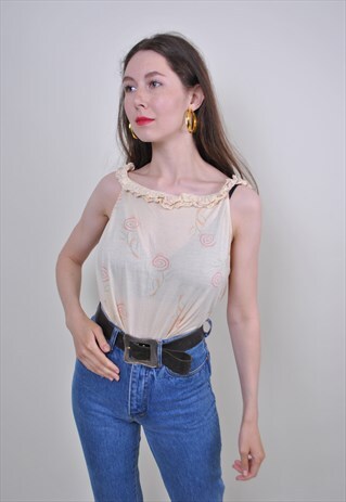 80S YELLOW RUFFLED TOP, SUMMER BEACH SLEEVELESS TANK TOP