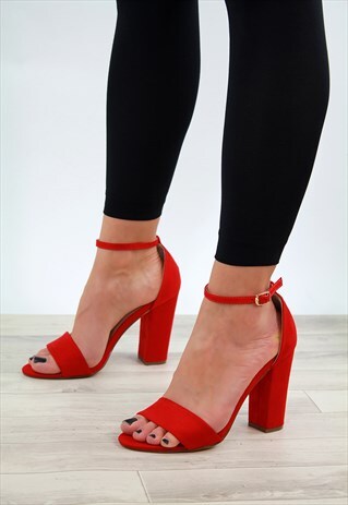 RED BLOCK HEEL PEEP TOE SANDALS