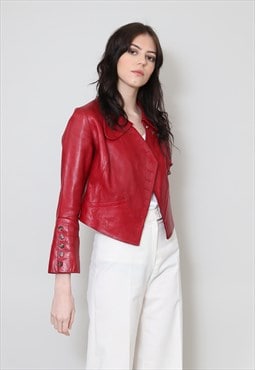 70's Ladies Vintage Jacket Red Crop Soft Leather 