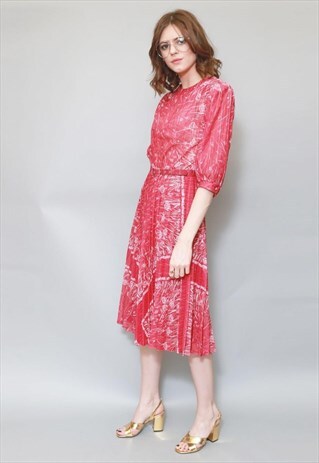 VINTAGE 1970'S PINK AND WHITE PLEATED FOLK MIDI DRESS