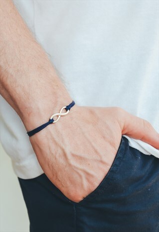 SILVER INFINITY BRACELET FOR MEN BLUE CORD ADJUSTABLE YOGA
