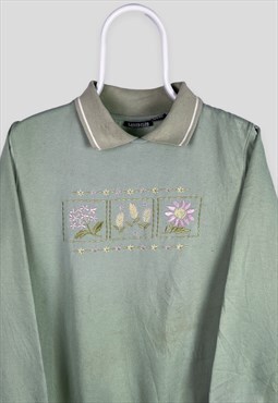 Vintage Green Embroidered Sweatshirt Floral Flowers Medium