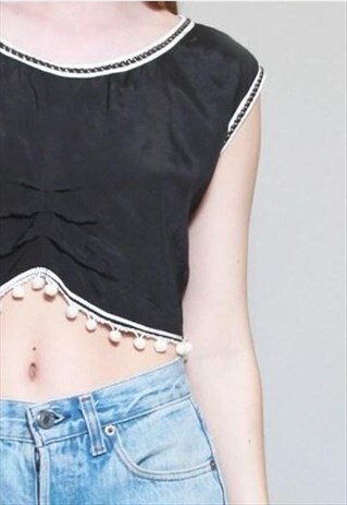 VINTAGE 1990'S BLACK POM POM TRIM CROP TOP