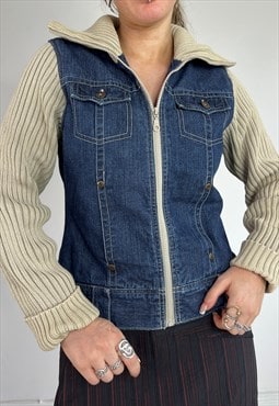 Vintage Y2k Jacket Denim Zip Up Knit Ribbed 90s Boho Top